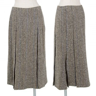 ヒロコビスHIROKO BIS ヘリンボーンツイードボックスプリーツ切替スカート ベージュ茶