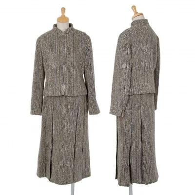 ヒロコビスHIROKO BIS ヘリンボーンツイードセットアップスーツ ベージュ茶