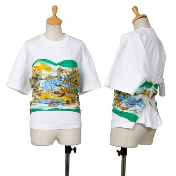 新品ですが…ジュンヤワタナベ コムデギャルソンJUNYA WATANABE COMME des GARCONS柄シルクギャザーコルセット半袖カットソー 白M K-72140_001