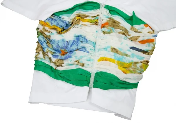 新品ですが…ジュンヤワタナベ コムデギャルソンJUNYA WATANABE COMME des GARCONS柄シルクギャザーコルセット半袖カットソー 白M K-72140_013