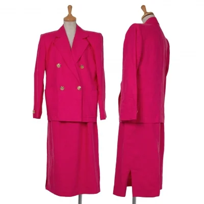 イヴサンローランYves Saint Laurent 金ボタンリネンダブルセットアップスーツ ピンク