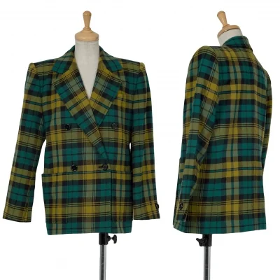 イヴサンローランYves Saint Laurent チェック４Bダブルウールジャケット 緑黄