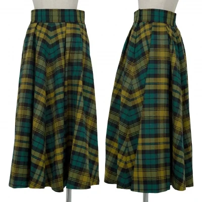 イヴサンローランYves Saint Laurent チェックウールフレアープリーツスカート 緑黄