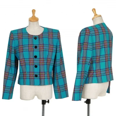 イヴサンローランYves Saint Laurent ノーカラーチェックウールジャケット 青 ターコイズ