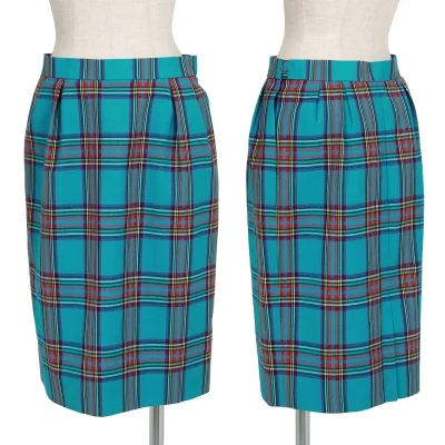 イヴサンローランYves Saint Laurent チェックウールスカート 青 ターコイズ