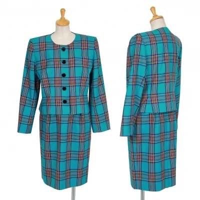 イヴサンローランYves Saint Laurent ノーカラーチェックウールセットアップスーツ 青 ターコイズ