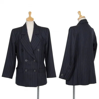 イヴサンローラン リヴゴーシュYves Saint Laurent rive gauche ストライプ６Bウールダブルジャケット 紺