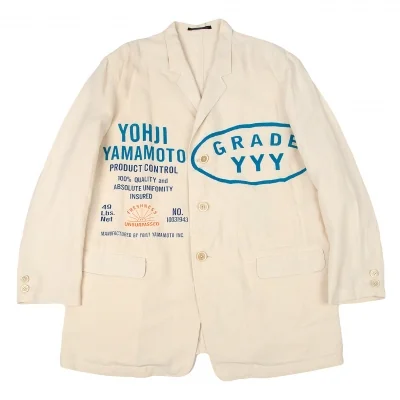 ヨウジヤマモト プールオムYohji Yamamoto POUR HOMME リネンサインプリントジャケット 生成り青