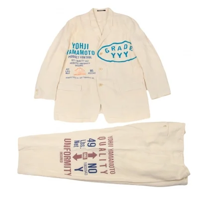 ヨウジヤマモト プールオムYohji Yamamoto POUR HOMMEリネンサインプリントセットアップ 生成り青小豆