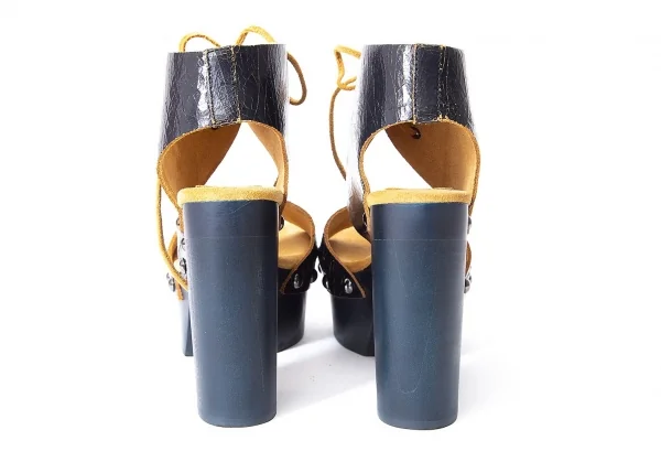 ジルサンダーネイビーJIL SANDER NAVY クラックレザーチャンキーヒールサンダル 紺35.5（22.5位) K-72679_010
