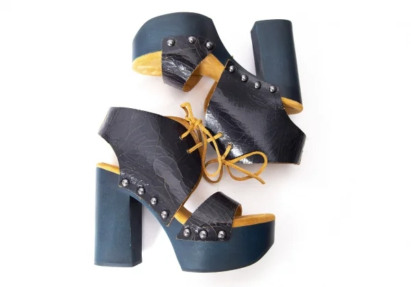 ジルサンダーネイビーJIL SANDER NAVY クラックレザーチャンキーヒールサンダル 紺35.5（22.5位) K-72679_003