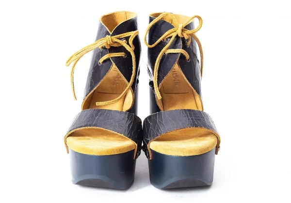 ジルサンダーネイビーJIL SANDER NAVY クラックレザーチャンキーヒールサンダル 紺35.5（22.5位) K-72679_004