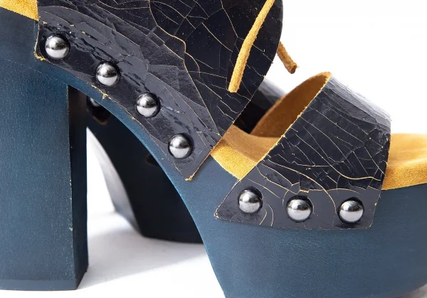 ジルサンダーネイビーJIL SANDER NAVY クラックレザーチャンキーヒールサンダル 紺35.5（22.5位) K-72679_009