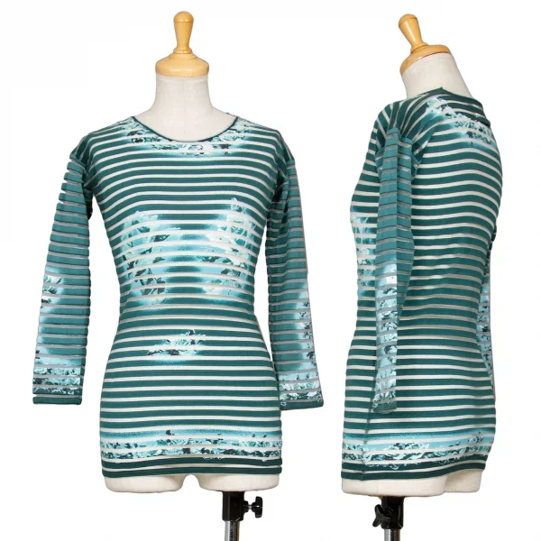 ジャンポールゴルチエ マイユファムJean Paul GAULTIER MAILLE FEMME カッティングボーダー七分袖カットソー エメラルドグリーンS K-73048_001