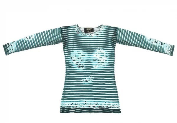 ジャンポールゴルチエ マイユファムJean Paul GAULTIER MAILLE FEMME カッティングボーダー七分袖カットソー エメラルドグリーンS K-73048_002