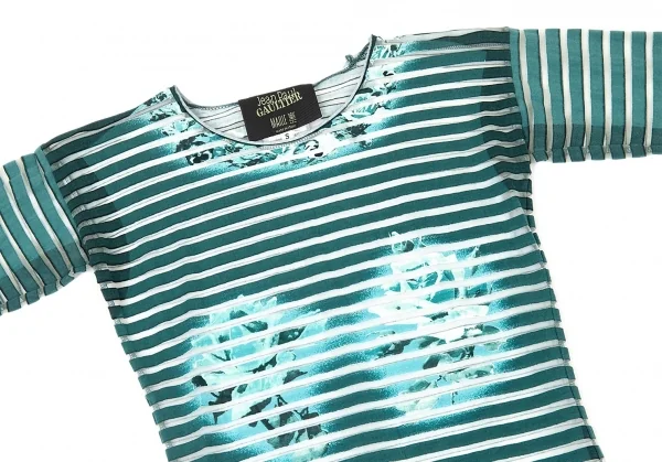ジャンポールゴルチエ マイユファムJean Paul GAULTIER MAILLE FEMME カッティングボーダー七分袖カットソー エメラルドグリーンS K-73048_003
