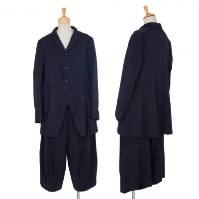 コムコム コムデギャルソンCOMME des GARCONS 染めウールポリ４Bロングジャケットセットアップスーツ 紺