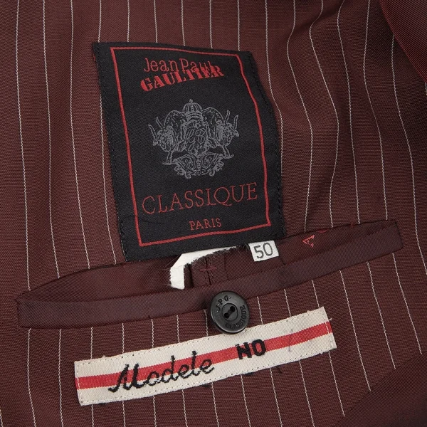 ジャンポールゴルチエ クラシックJean Paul GAULTIER CLASSIQUE ストライプダブルロングジャケット 茶50 K-73468_016