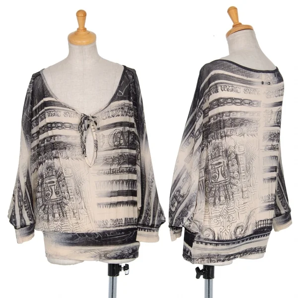 ジャンポールゴルチエJean Paul GAULTIER レタリングプリントパワーネットドルマンカットソー ベージュ黒M位 K-74003_001