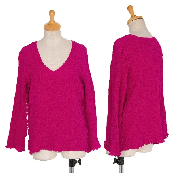 イッセイミヤケ ミーISSEY MIYAKE me カリフラワーVネックカットソー ショッキングピンクM位 K-74271_001