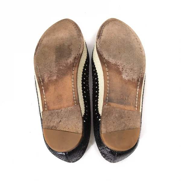 トリココムデギャルソンtricot COMME des GARCONS クラックプリントレザーメダリオンフラットシューズ ベージュ黒23 K-74360_013