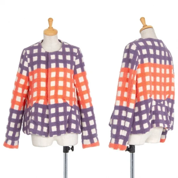 ミントデザインズmintdesigns 起毛チェックノーカラージャケット 生成り紫他M位 K-74499_001