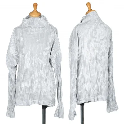イッセイミヤケISSEY MIYAKEベロアプリーツハイネックシワカットソー シルバー