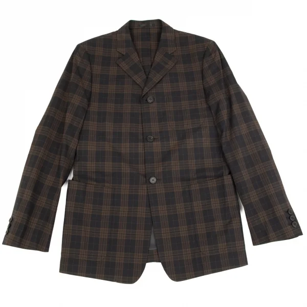 ヨウジヤマモト ダーバンYohji Yamamoto DURBAN A.A.R コットンナイロンチェック3Bテーラードジャケット 黒茶L K-74894_001