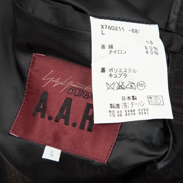 ヨウジヤマモト ダーバンYohji Yamamoto DURBAN A.A.R コットンナイロンチェック3Bテーラードジャケット 黒茶L K-74894_016