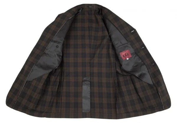 ヨウジヤマモト ダーバンYohji Yamamoto DURBAN A.A.R コットンナイロンチェック3Bテーラードジャケット 黒茶L K-74894_009