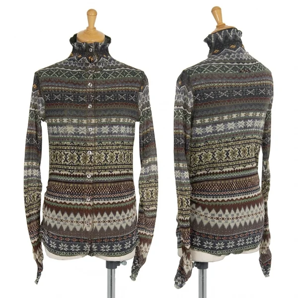 ジャンポールゴルチエ ソレイユJean Paul GAULTIER SOLEIL ノルディックボーダープリントパワーネットカーディガン モスグリーン紺他S K-75154_001