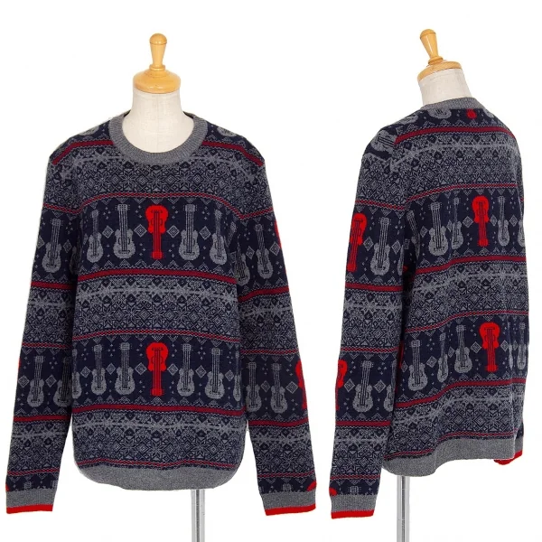 ワイズY's ギター柄ノルディックニット 杢グレー紺赤2 K-75189_001