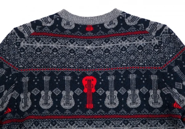 ワイズY's ギター柄ノルディックニット 杢グレー紺赤2 K-75189_011