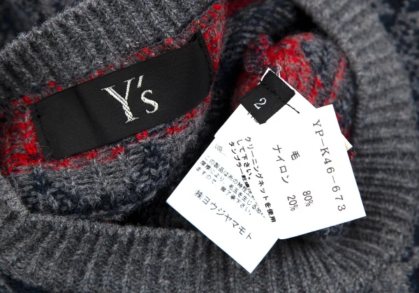 ワイズY's ギター柄ノルディックニット 杢グレー紺赤2 K-75189_014