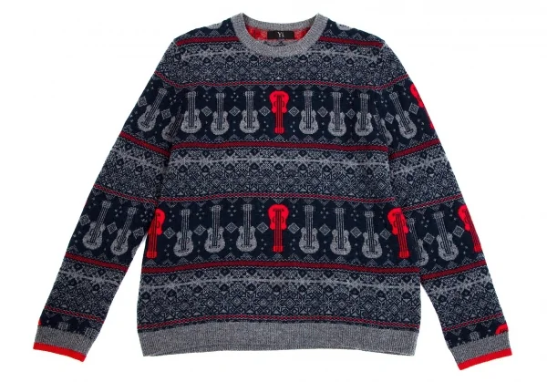 ワイズY's ギター柄ノルディックニット 杢グレー紺赤2 K-75189_002