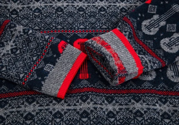 ワイズY's ギター柄ノルディックニット 杢グレー紺赤2 K-75189_006