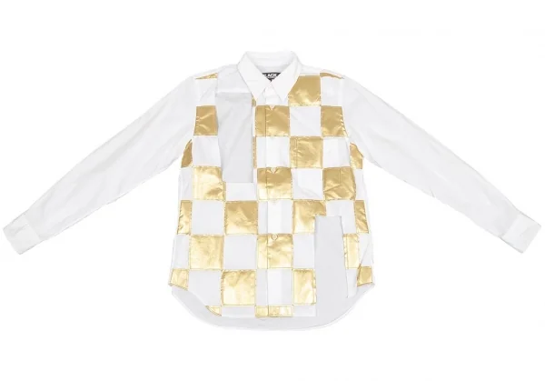 ブラックコムデギャルソンBLACK COMME des GARCONS 箔パッチワークカッティングシャツ 白金XS K-75470_002