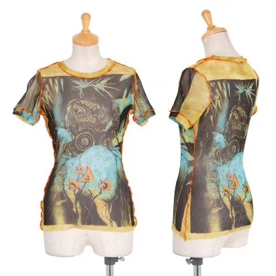 ジャンポールゴルチエ ファムJean Paul GAULTIER FEMME 民族プリントパワーネットTシャツ 黒カラシマルチ