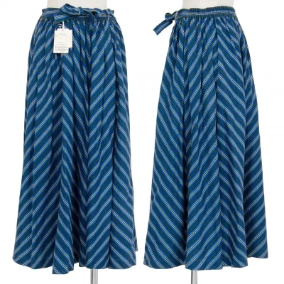 新品!マドモアゼルノンノンMademoiselle NON NON リネンバイアスストライプフレアスカート 青緑