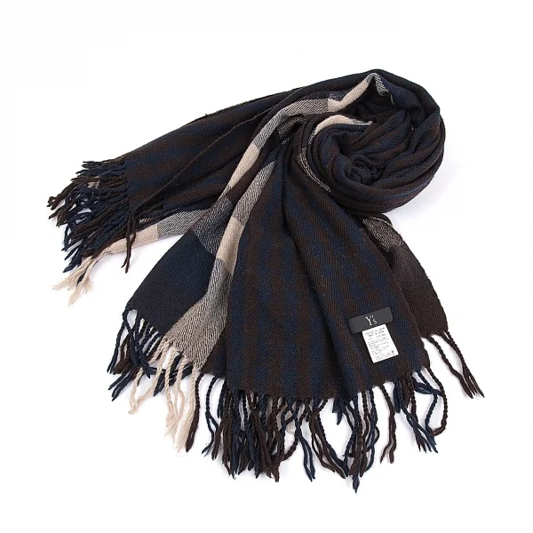 ワイズY's ストライプチェック大判ウールストール 茶紺 K-76172_001