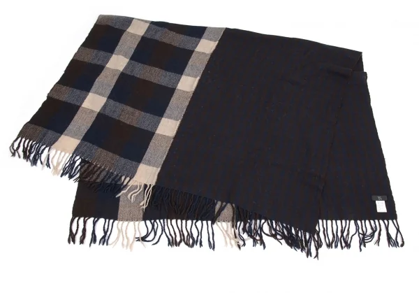 ワイズY's ストライプチェック大判ウールストール 茶紺 K-76172_002