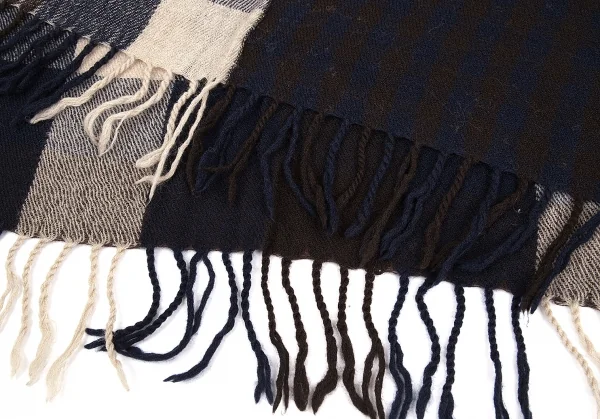 ワイズY's ストライプチェック大判ウールストール 茶紺 K-76172_003