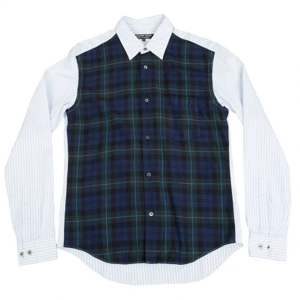 コムデギャルソン オムドゥCOMME des GARCONS HOMME DEUX フロントチェック切替ストライプシャツ 白水色紺XS K-76279_001