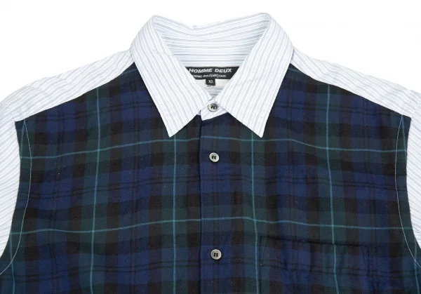 コムデギャルソン オムドゥCOMME des GARCONS HOMME DEUX フロントチェック切替ストライプシャツ 白水色紺XS K-76279_002