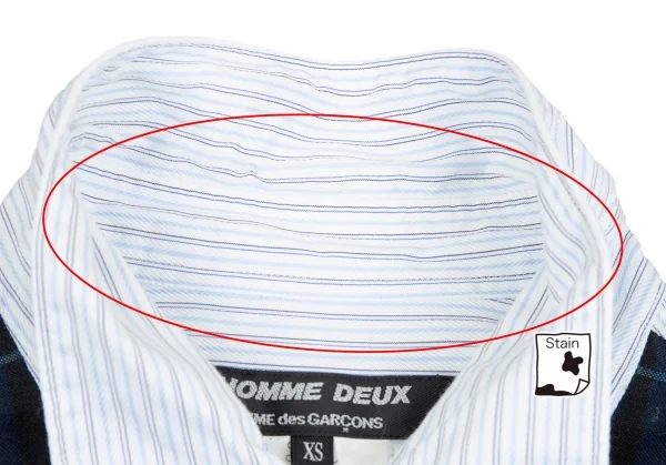 コムデギャルソン オムドゥCOMME des GARCONS HOMME DEUX フロントチェック切替ストライプシャツ 白水色紺XS K-76279_003