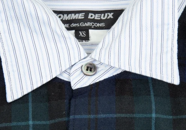 コムデギャルソン オムドゥCOMME des GARCONS HOMME DEUX フロントチェック切替ストライプシャツ 白水色紺XS K-76279_004