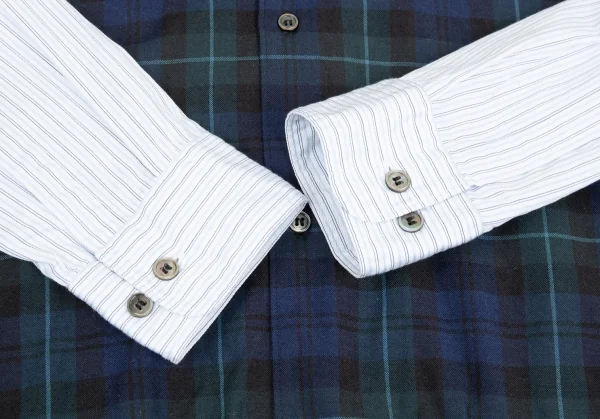 コムデギャルソン オムドゥCOMME des GARCONS HOMME DEUX フロントチェック切替ストライプシャツ 白水色紺XS K-76279_007