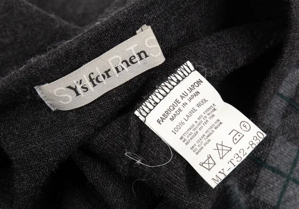 ワイズフォーメンY's for men SHIRTS ウールダイヤチェック切替デザインニットカットソー チャコール他M位 K-76316_010