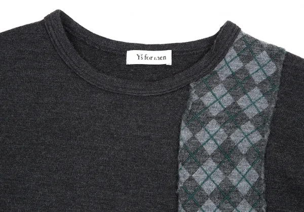 ワイズフォーメンY's for men SHIRTS ウールダイヤチェック切替デザインニットカットソー チャコール他M位 K-76316_002