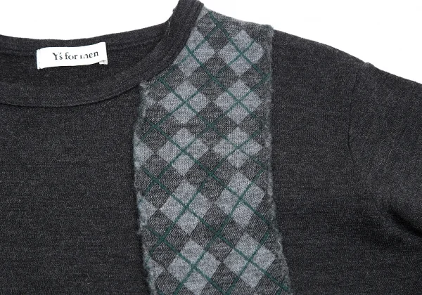 ワイズフォーメンY's for men SHIRTS ウールダイヤチェック切替デザインニットカットソー チャコール他M位 K-76316_003